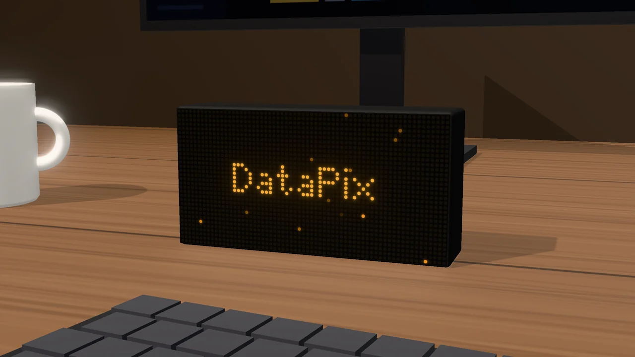 The DataPix panel on a desk showing its amber boot logo