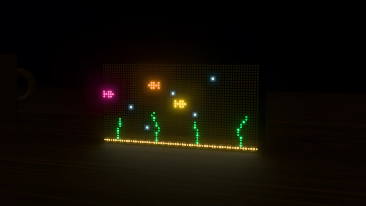 An animated aquarium scene glowing on the panel in a dark room