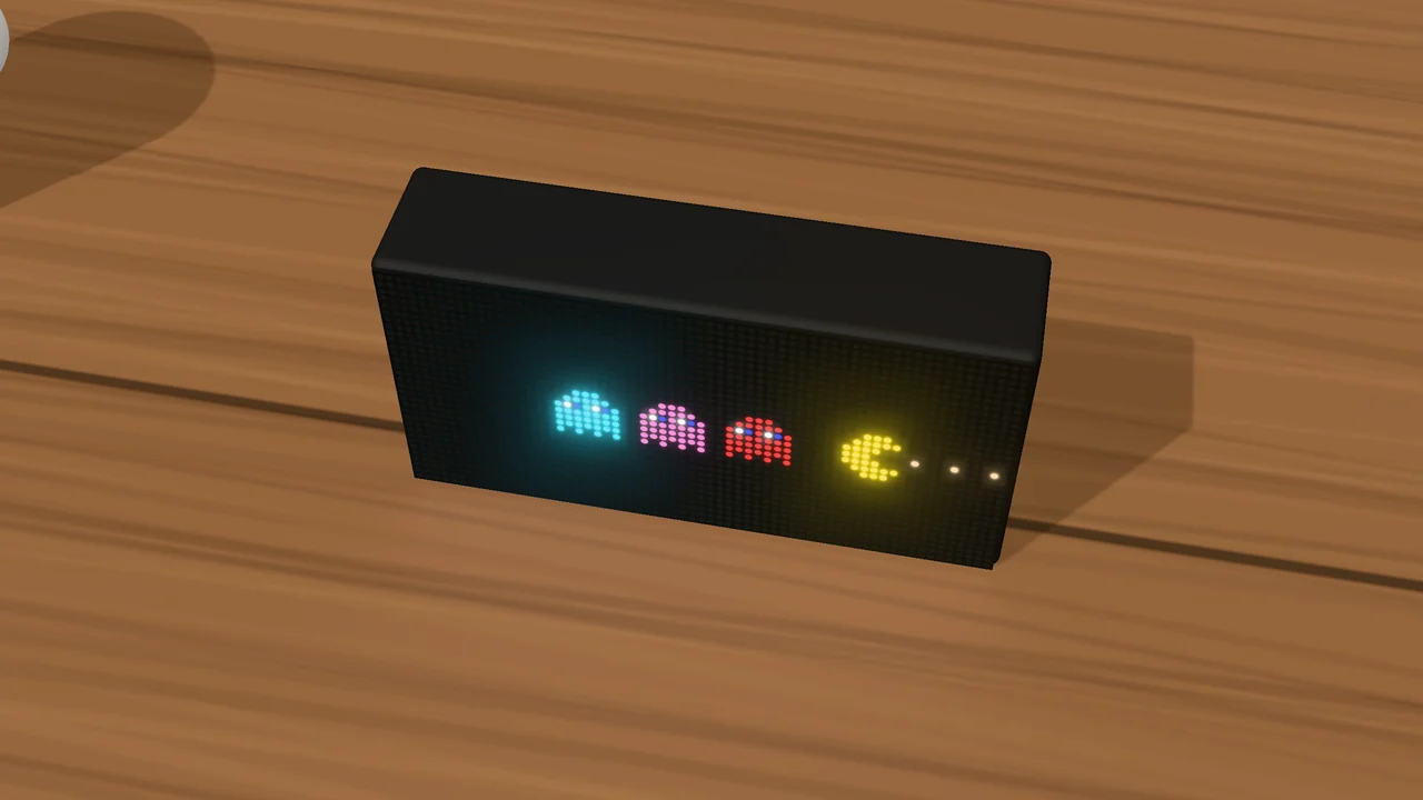 An animated pixel-art chase scene on the panel