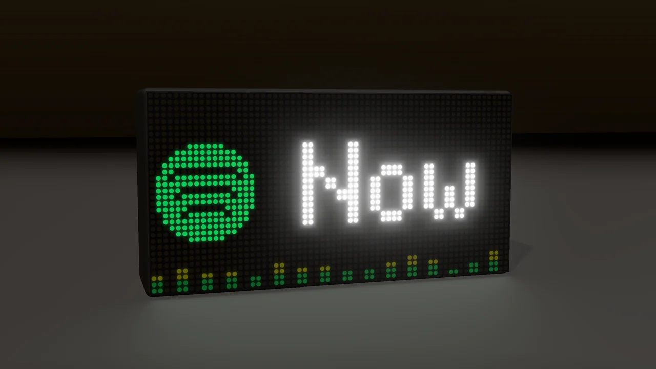 DataPix showing the Spotify icon and Now playing over an equalizer, before the artist and song scroll in
