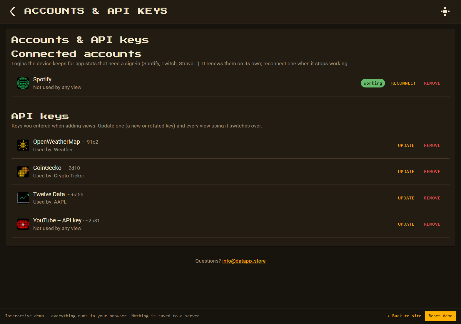 The Accounts & API keys page listing a Spotify sign-in and saved keys with the views that use them