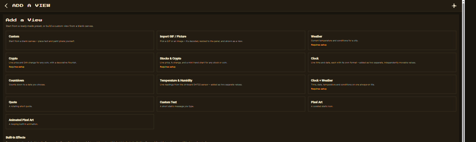 The Add a View gallery showing the Stocks & Crypto preset tile among other view types