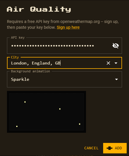 The Air Quality setup form with API key, city and background animation fields