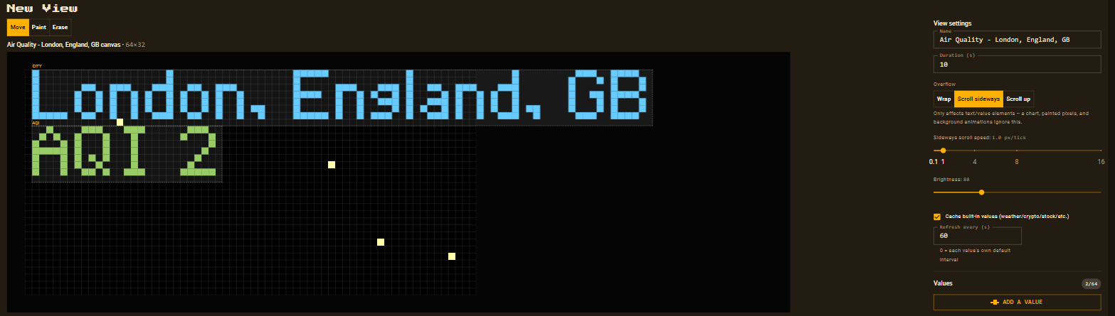 The view editor showing London, England, GB above AQI 2, with Scroll sideways selected