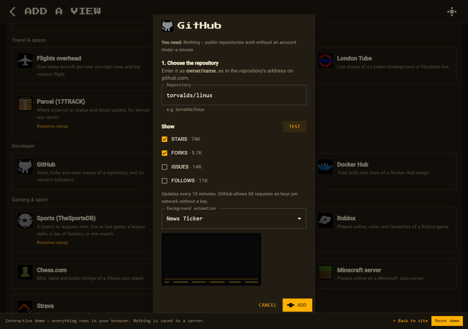 The GitHub dialog with torvalds/linux, Test results for stars, forks, issues and followers