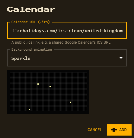 The Calendar setup form with a public .ics URL and the background animation picker