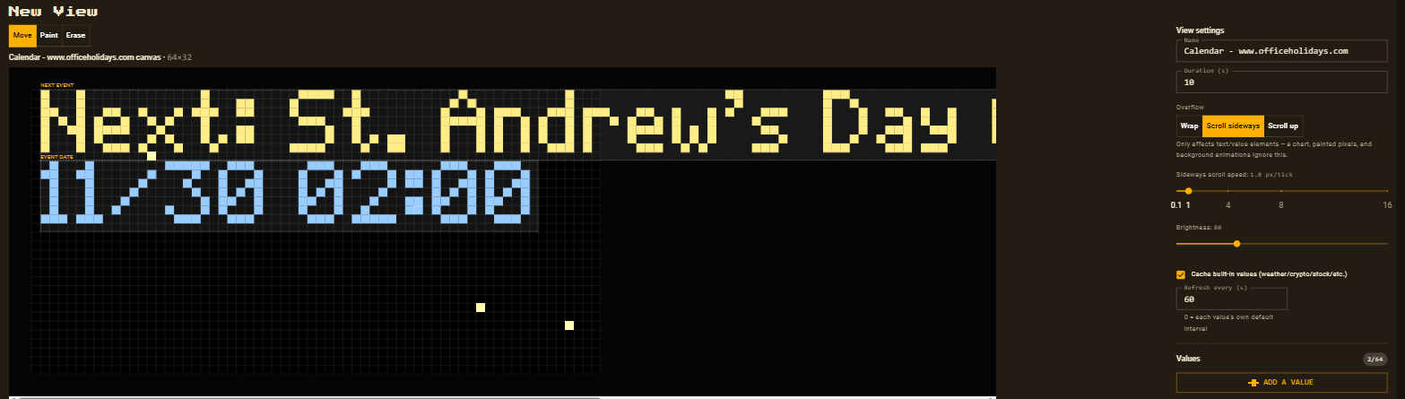 The view editor showing Next: St. Andrew's Day and 11/30 02:00 from a UK holidays calendar