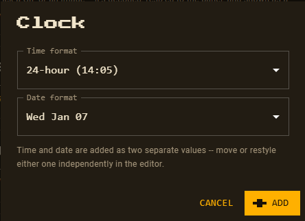 The Clock preset's setup form with time format and date format dropdowns