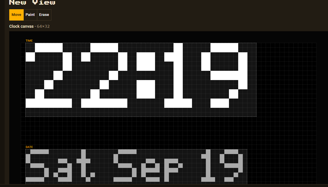 The DataPix view editor showing a live time and date on the panel canvas