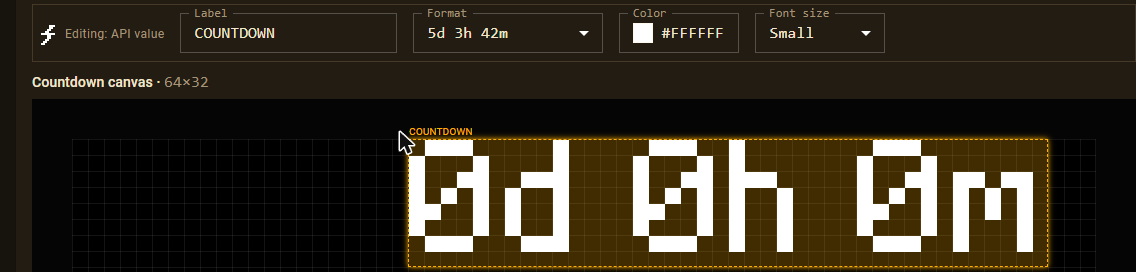 The DataPix view editor showing a live countdown on the panel canvas