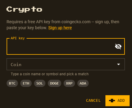 The Crypto preset's setup form with an API key field and coin picker