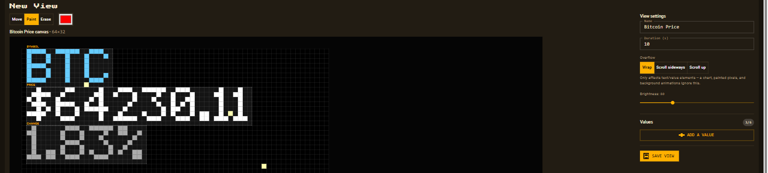 The view editor showing a Bitcoin price view with symbol, price and 24h change positioned on the panel canvas