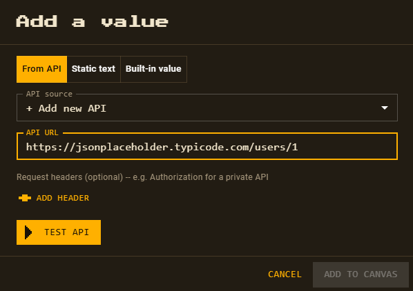 The Add a value dialog with the From API tab selected and the JSONPlaceholder URL pasted into the API URL field