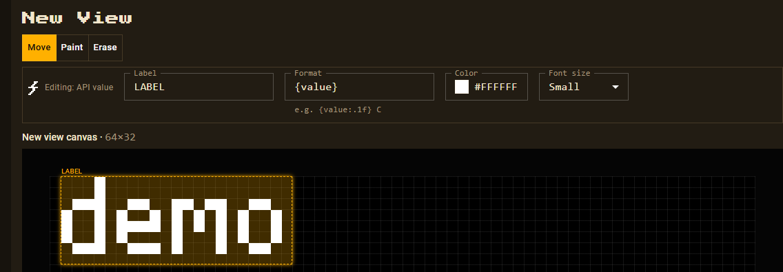 An added API value selected on the canvas, with Label, Format, Color and Font size fields for editing it