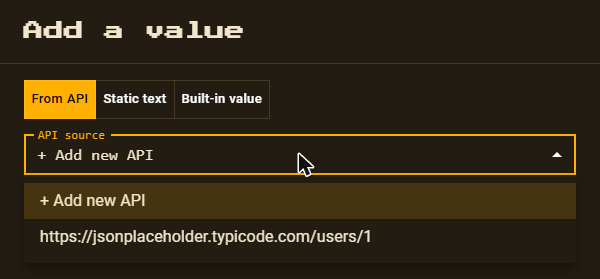 The API source dropdown showing a previously saved JSONPlaceholder endpoint, ready to reuse without re-testing