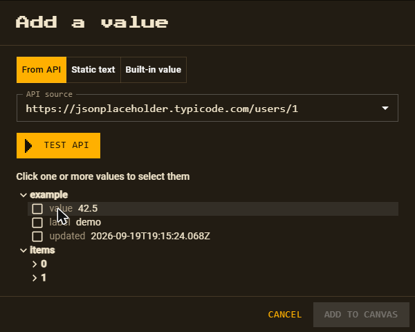 The Test API results shown as an expandable checkable JSON tree