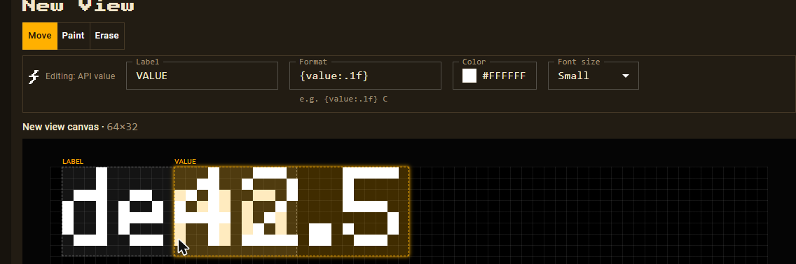 Two values from a custom JSON API positioned on the panel canvas in the DataPix view editor