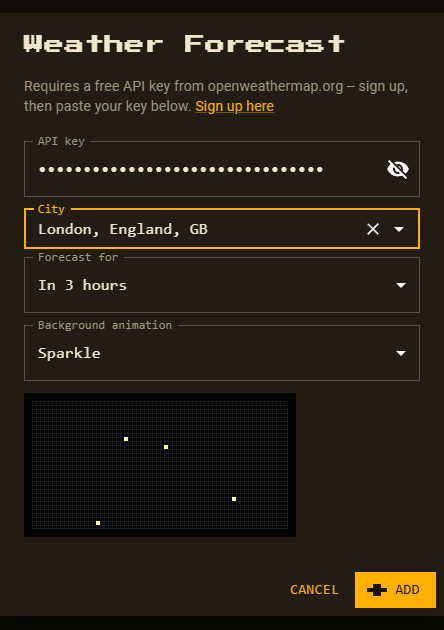 The Weather Forecast setup form with API key, city, forecast time and background animation fields