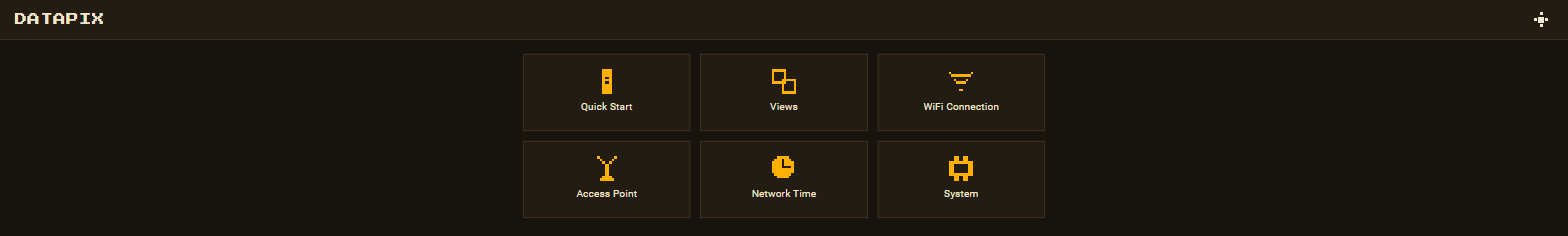 DataPix interface home menu with Views, WiFi Connection and other settings tiles