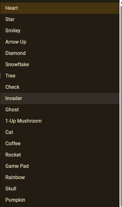 The Pixel Art icon dropdown listing all 19 available icons