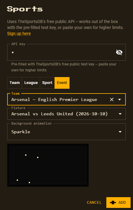 The Sports Event tab with Arsenal selected and the fixture Arsenal vs Leeds United (2026-10-10)
