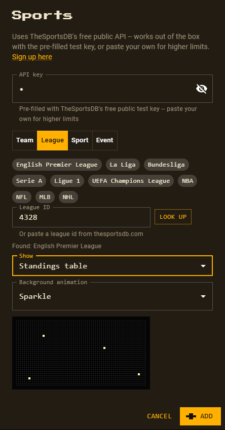 The Sports League tab with popular league chips, league ID 4328 found as English Premier League, and Standings table selected