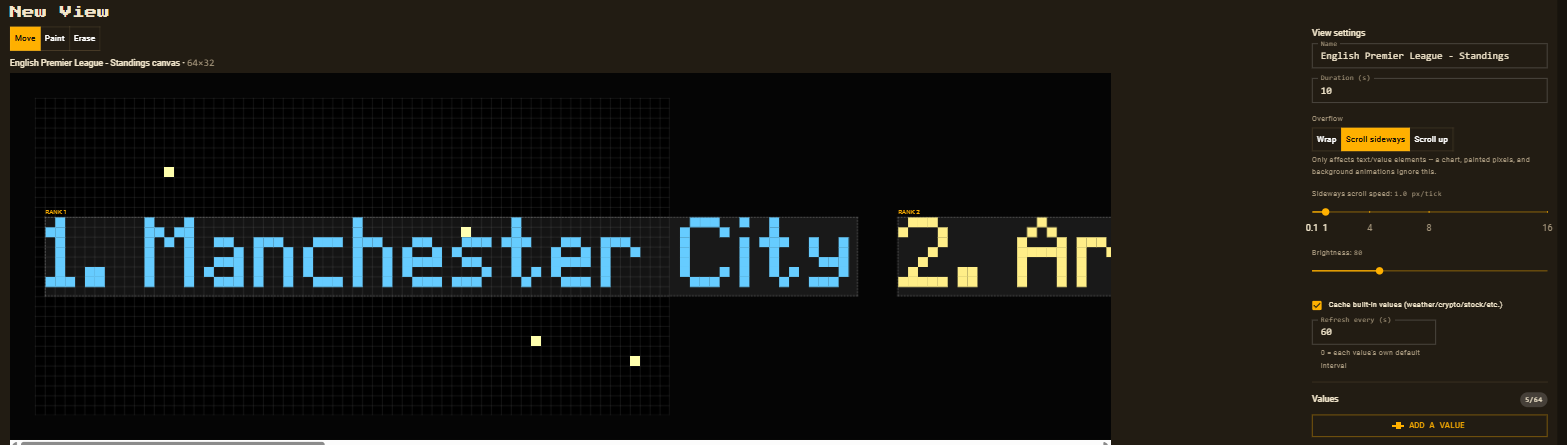The view editor showing the Premier League standings as a scrolling line starting 1. Manchester City