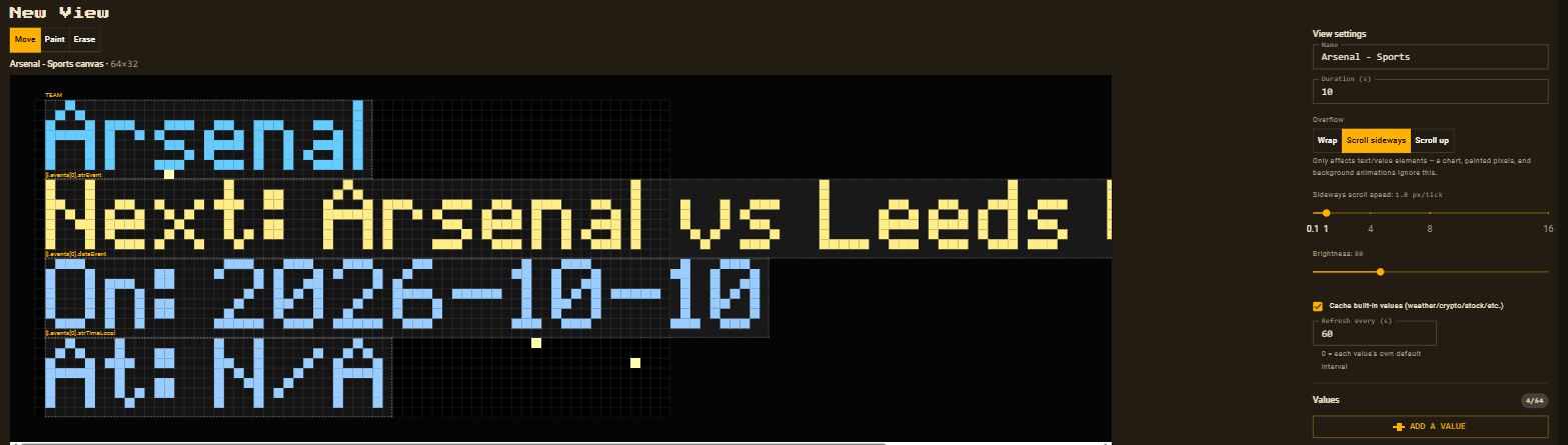 The view editor showing Arsenal, Next: Arsenal vs Leeds United, On: 2026-10-10 and At: N/A