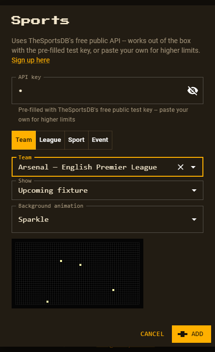 The Sports setup form on the Team tab with Arsenal selected and Upcoming fixture chosen