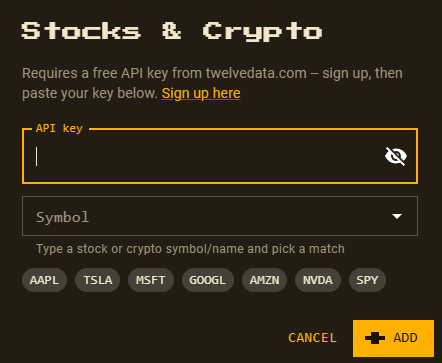 The Stocks & Crypto preset's setup form with an API key field and symbol picker