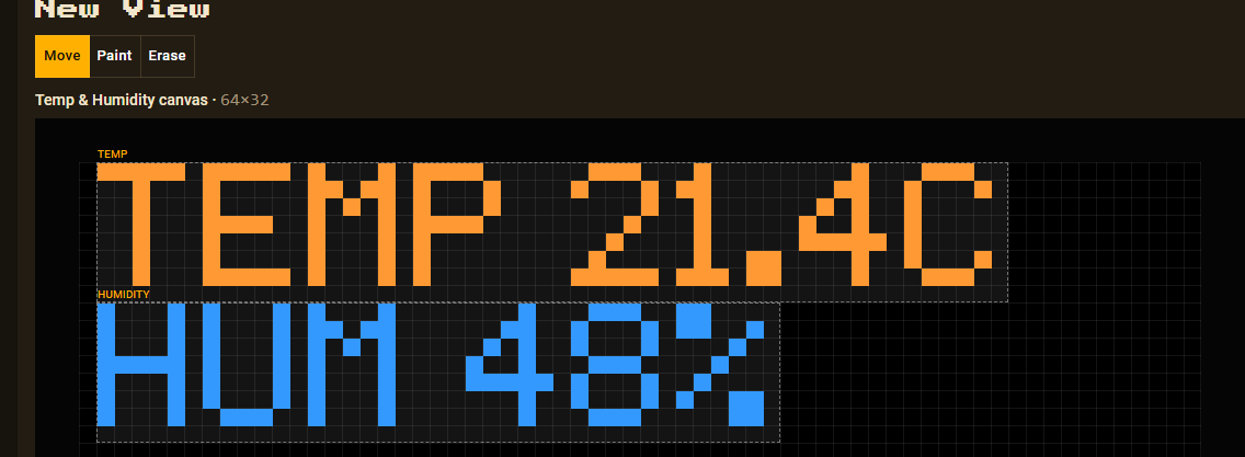 The DataPix view editor showing live temperature and humidity readings on the panel canvas