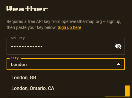 The Weather preset's city field showing matching results for London