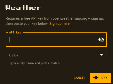 The Weather preset's setup form with an API key field and city picker