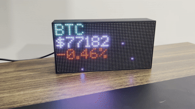 DataPix WiFi LED ticker panel showing a live BTC price and 24h change