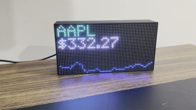 DataPix WiFi LED ticker panel showing a live AAPL stock price and mini trend chart